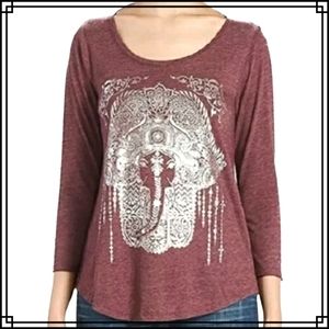 Lucky Brand Maroon & Metallic Graphic Oversized Slouchy Scoop Neck Top Size Med